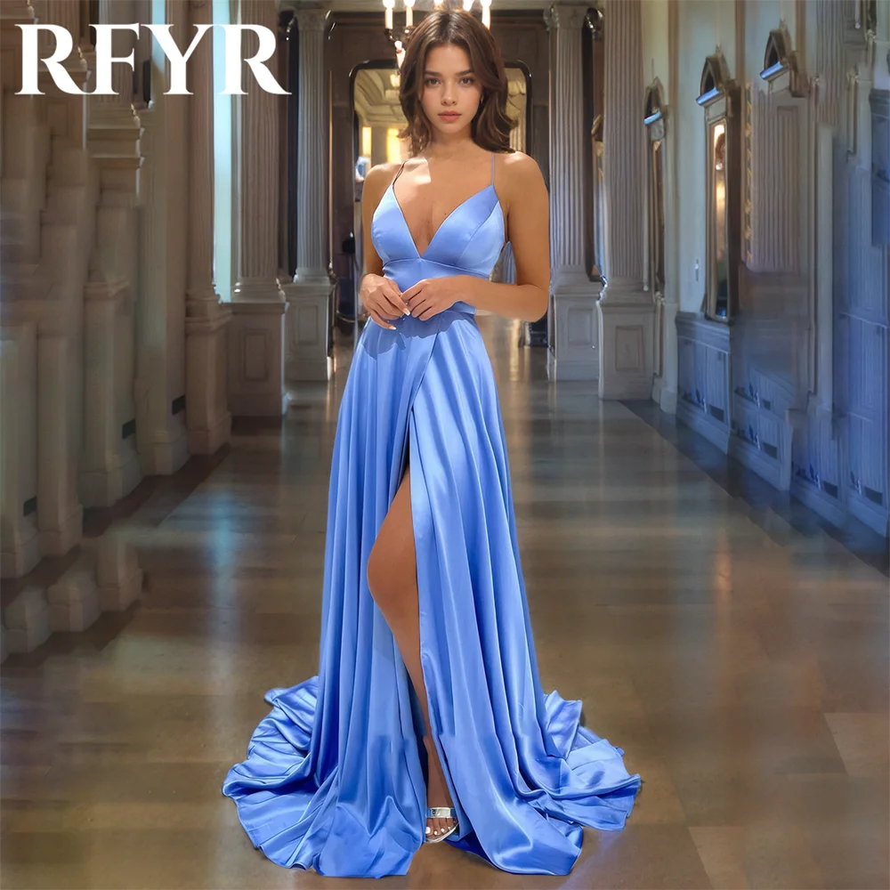 

RFYR A Line Prom Dress Elegant Spaghetti Straps Beach Satin Evening Dress Lace Up Back Long Formal Party Dresses Customized