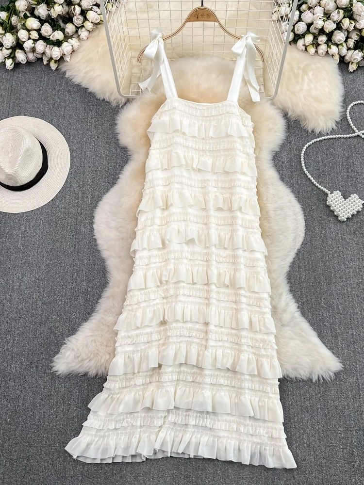 Gentle Breeze Pure Desire Wooden  Ruffle Strapl Dr Beach Vaion Loose A-Line Cake Skirt High Waist Summer Dr