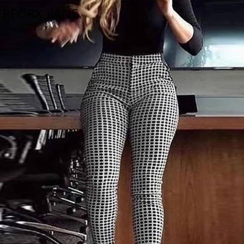 Women High Waist Houndstooth Print Skinny Feet Pants Casual Pants Fashion Pants