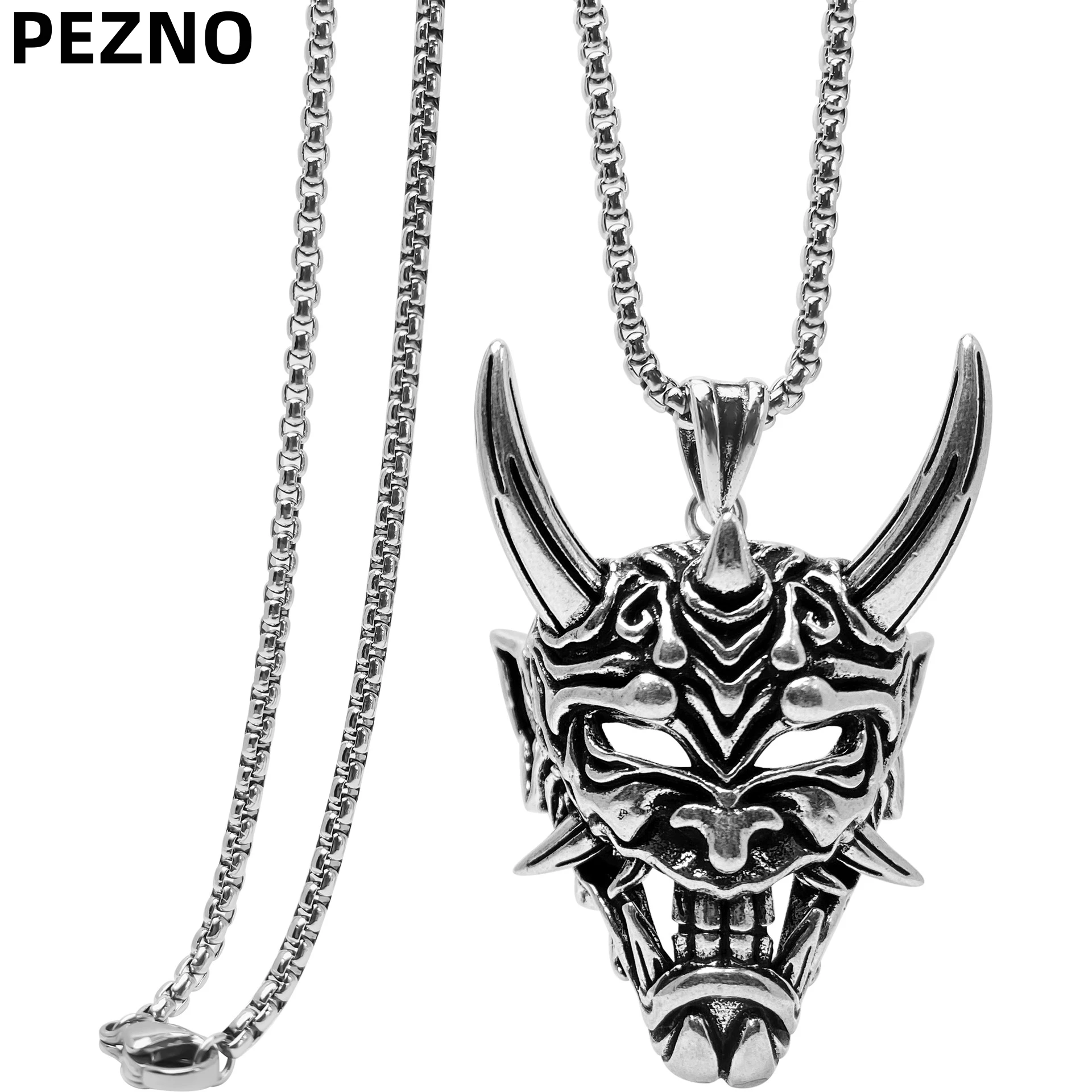 

PEZNO Stainless Steel Japanese Hannya Mask Pendant Necklace | Gothic Samurai Jewelry for Men | Vintage Amulet Gift