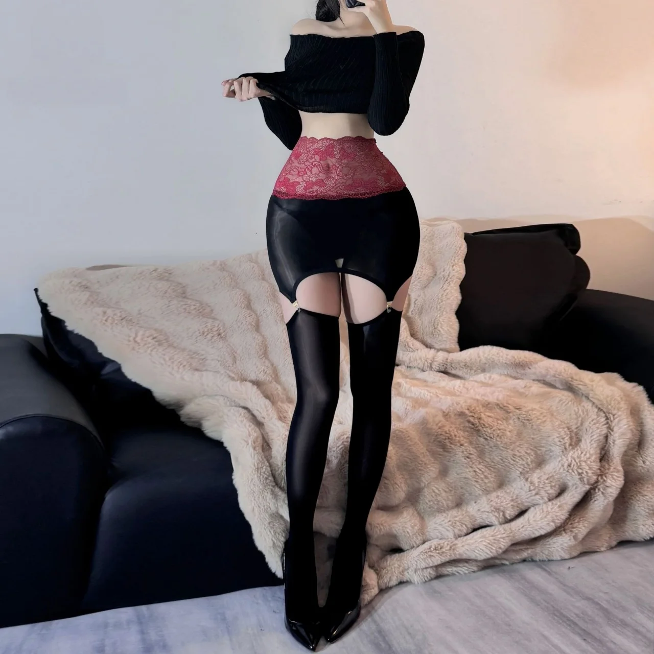 Shiny Lace Waistband Hourglass Skirt with Detachable Straps One-Piece Seamless Sexy Stockings Smooth Horse-Oil Style