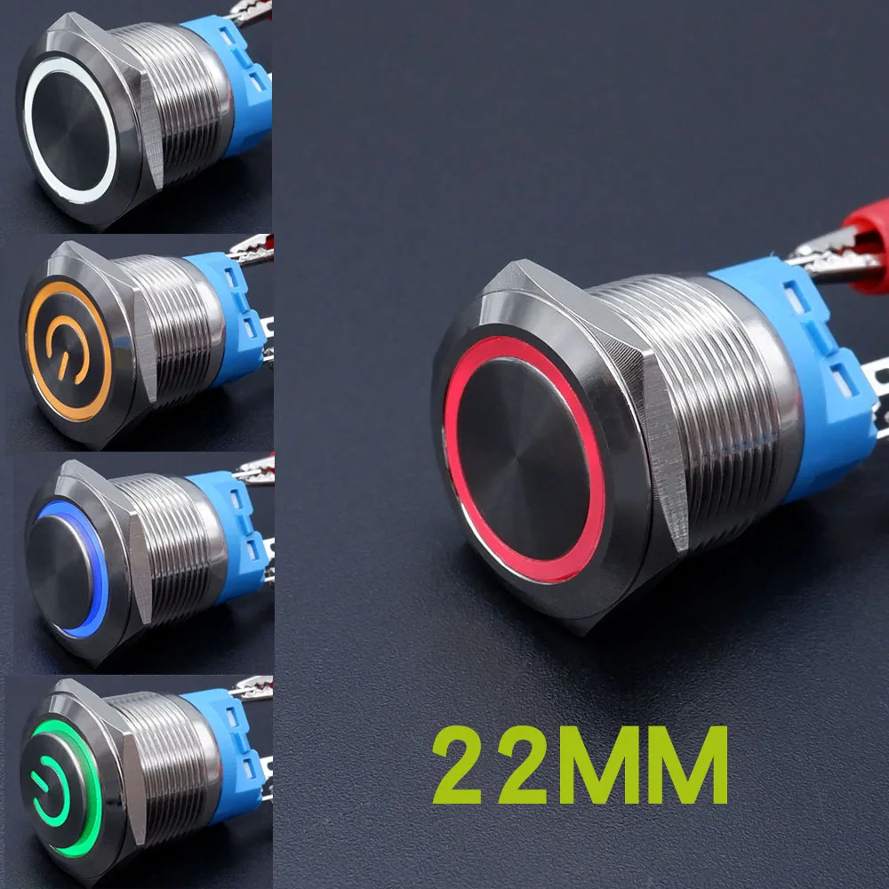 22mm Metal Push Button Switch LED Light Momentary Latching Car Engine Power Switch Waterproof 5V 12V 24V 220V Red Blue Green