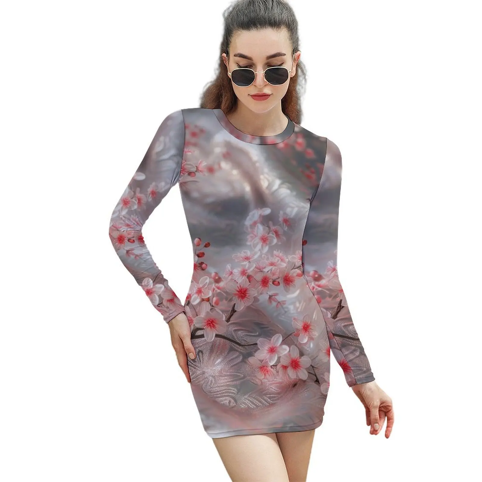 

White satin texture and cherry blossoms Long-Sleeved Sheath Dress luxury dress Woman clothing