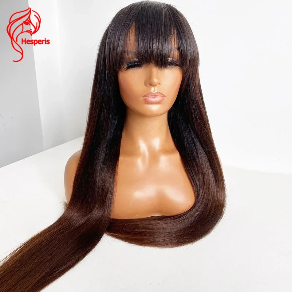 

Hesperis Wear And Go Wig Yaki Straight Ombre Human Hair Wig With Bangs Brown Color Scalp Top Full Machine Made Wigs For Women