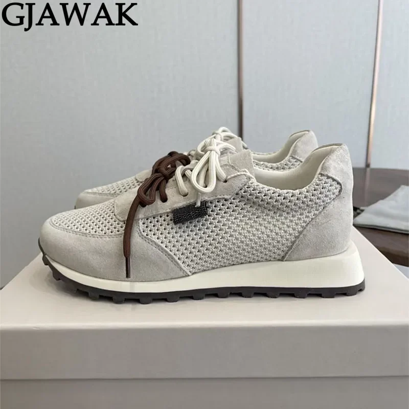 Spring Knitted Casual Sneakers Woman Lace Up Platform Shoes For Woman Round Toe String Bead Flat Women's Walk Shoes