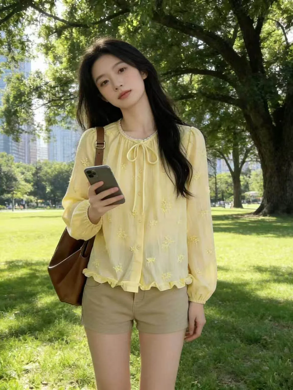 

Рубашка в корейском стиле с длинными рукавами и вышивкой, женская летняя молодежная элегантная рубашка с цветочным узором, из смеси хлопка и полиэстера