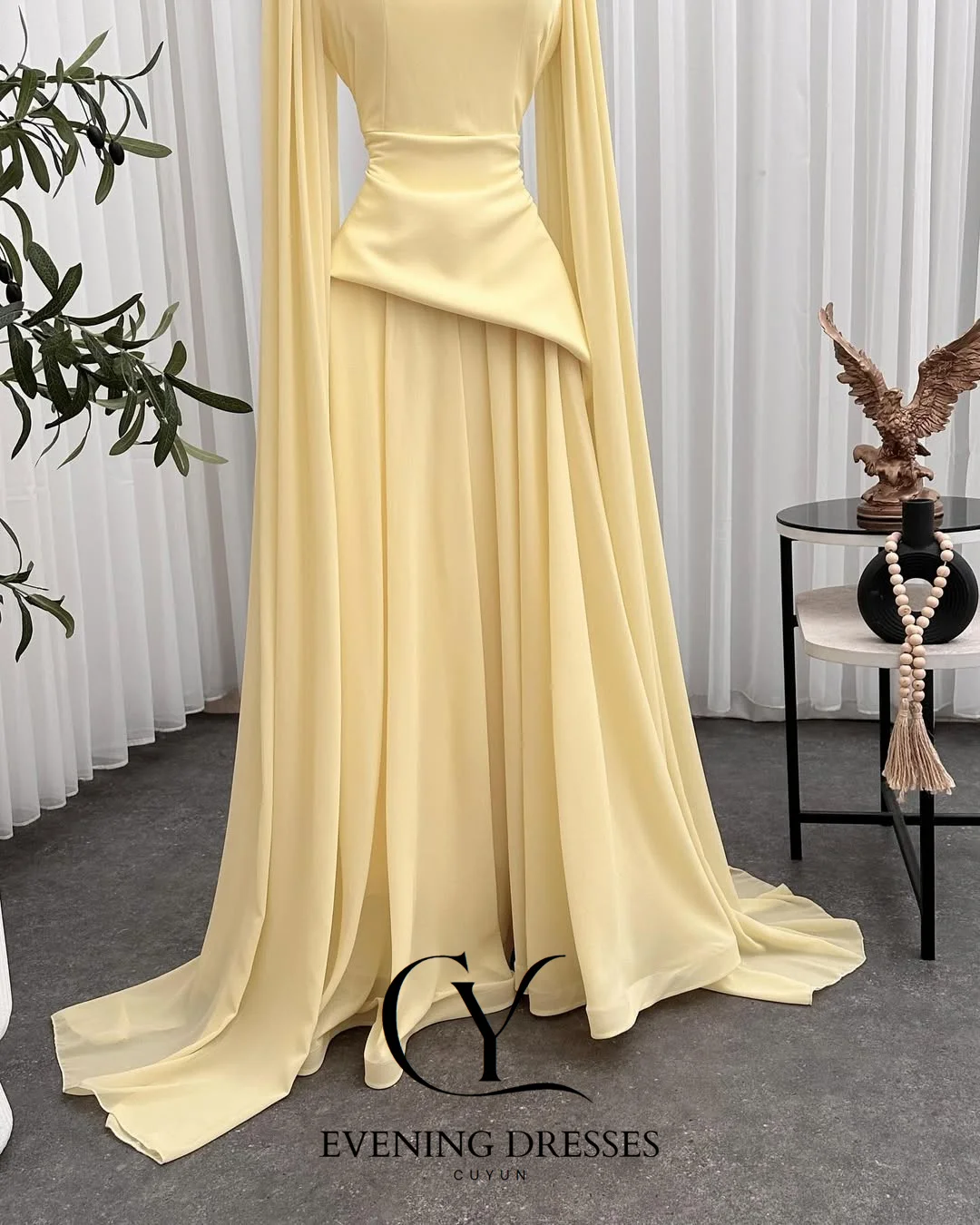 CUYUN Cream Yellow Evening Dresses Women High Collar Cape Sleeves Prom Gown Customized Patchwork Elegant Party Dresses image 3