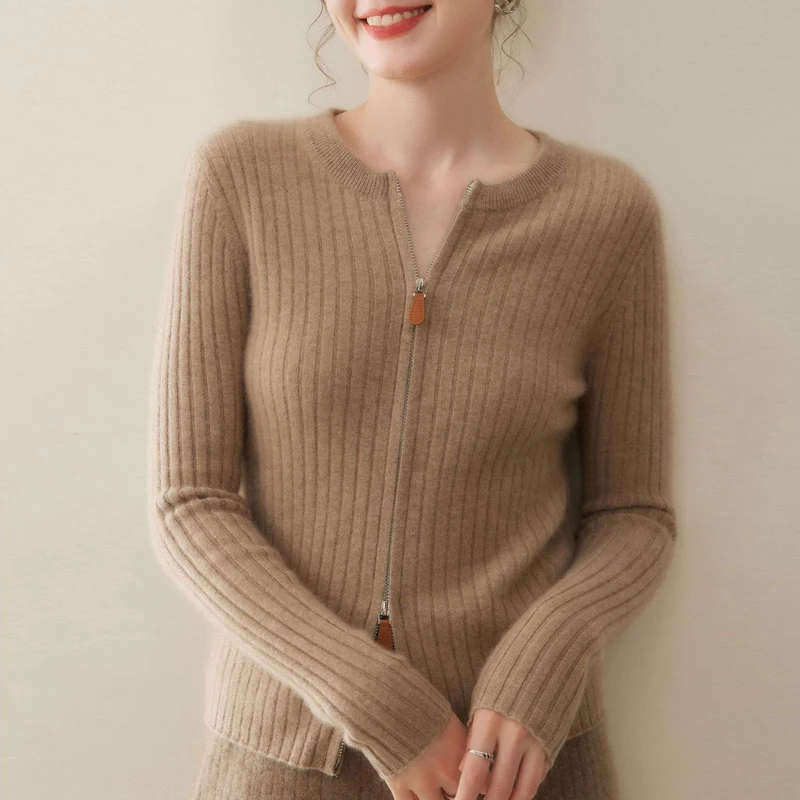 

Solid Color Women's Wool Knitted Cardigan Tops 2025 New Fashion Double Zipper Female O-neck Slim-fit Cashmere Knitting Coats