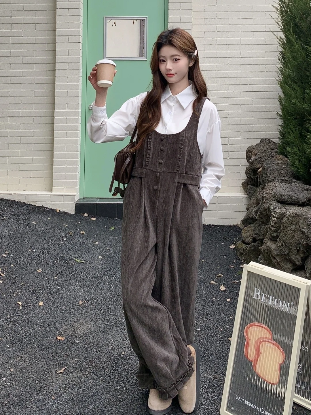 

Retro Academic Sle Spliced Wooden Trim Overalls Women's Spring Autumn Loose One-Piece Pants Casual Artistic Youthful