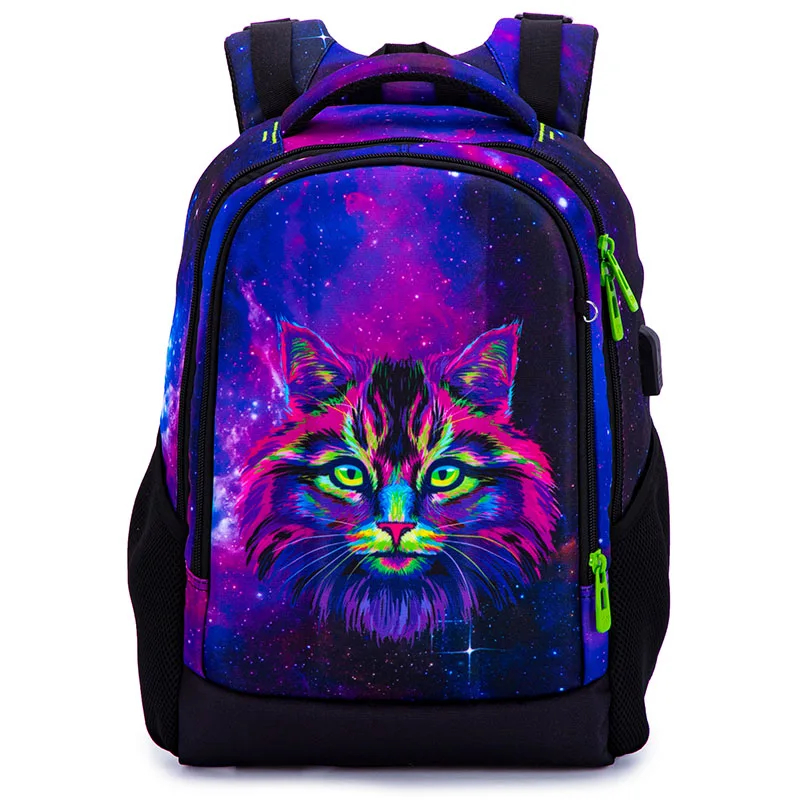 Crianças saco de escola ortopédico com porta carregamento usb mochilas multifuncionais meninas 3d gato animal imprime crianças bookbag