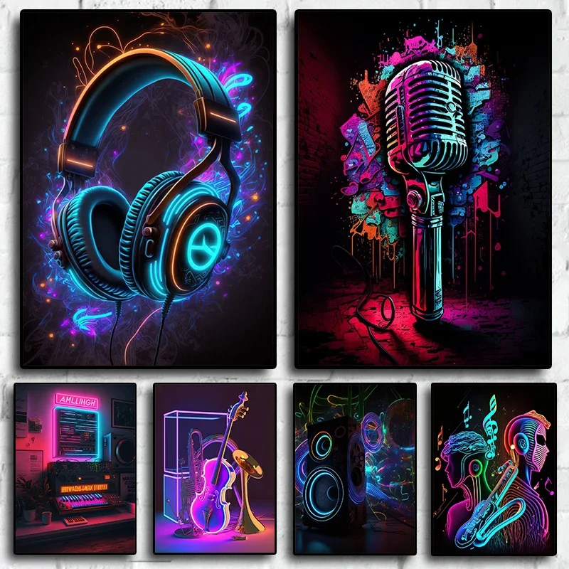 Pop 80S Live Music Neon Punk Poster Aesthetics Dj Guitar Karaoke Headphones Canvas Painting Wall Art Home Bar Kawaii Room Dec