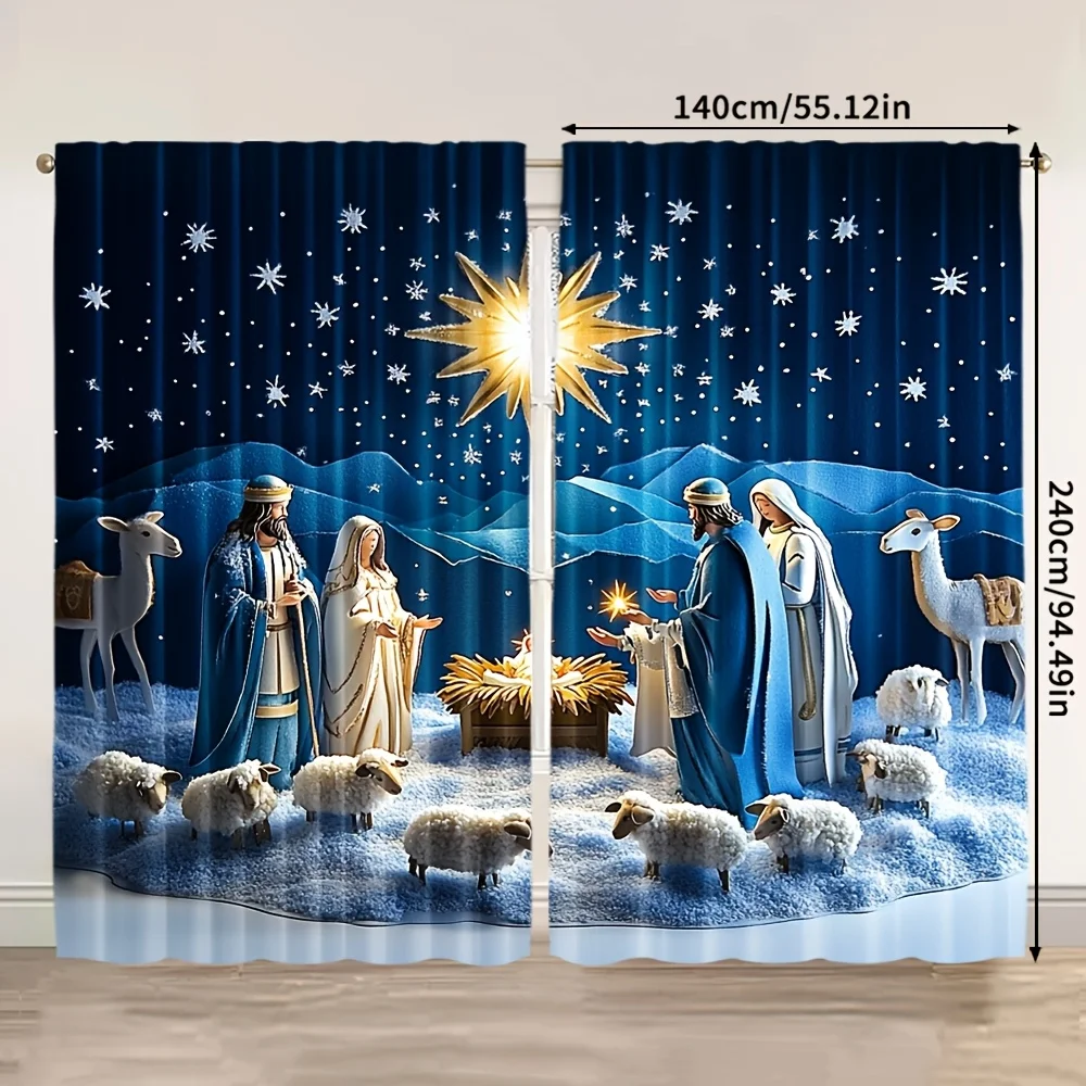 2pcs Christmas Nativity Scene Window Curtains, Religious Jesus Birth Star Print Drapes for Living Room Bedroom, Home Decor