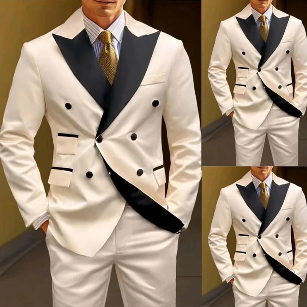 

Classic Man Double Breasted Suits 2 Pieces Groom Wedding Tuxedos Customized Double Breasted Jacket Pants Men's Banquet Dresses