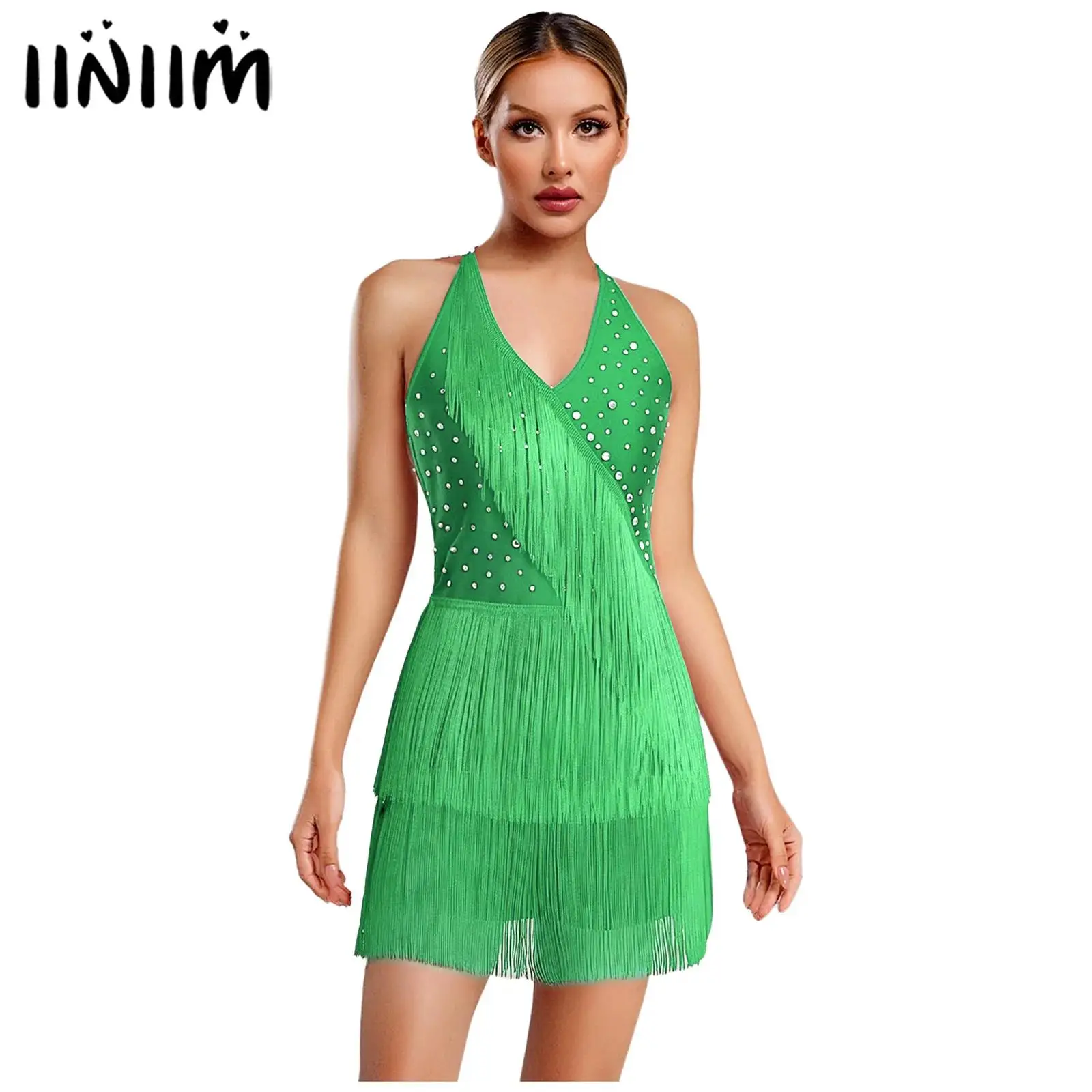 

Gymnastics Skating Performance Costumes for Women Rhinestones Ballet Jersey Latin Tango Salsa Jazz Fringed Leotard Bodysuit