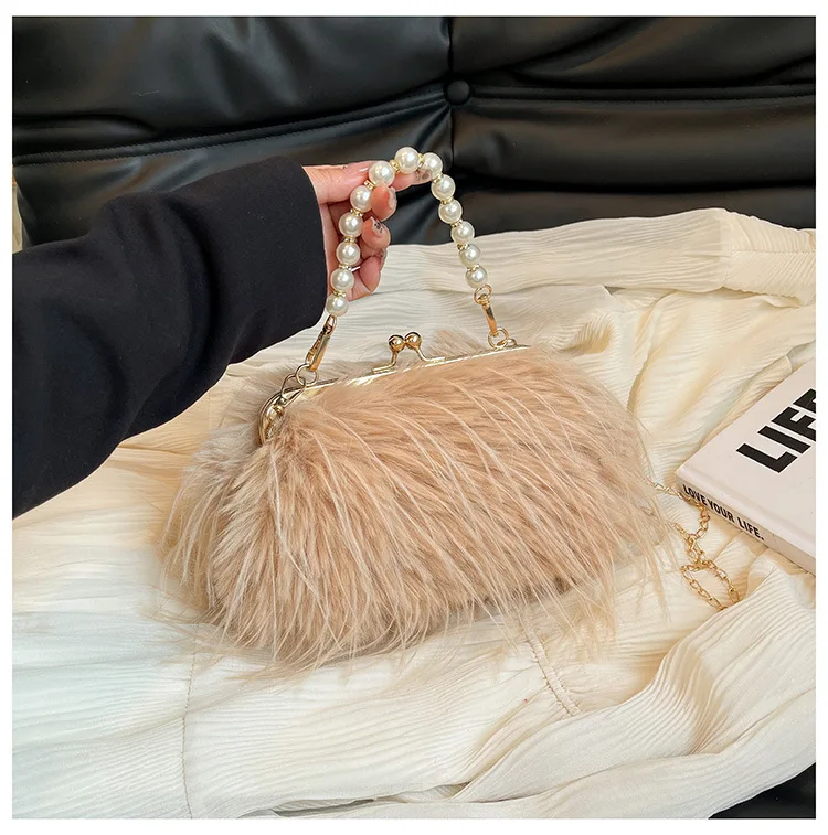 Korean Style Fluffy Feather Crossbody Bag Pearl Chain Tassel Evening Clutch