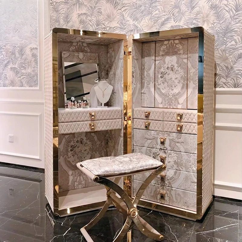 High-end light luxury creative solid wood leather jewelry box villa bedroom with stool jewelry cabinet