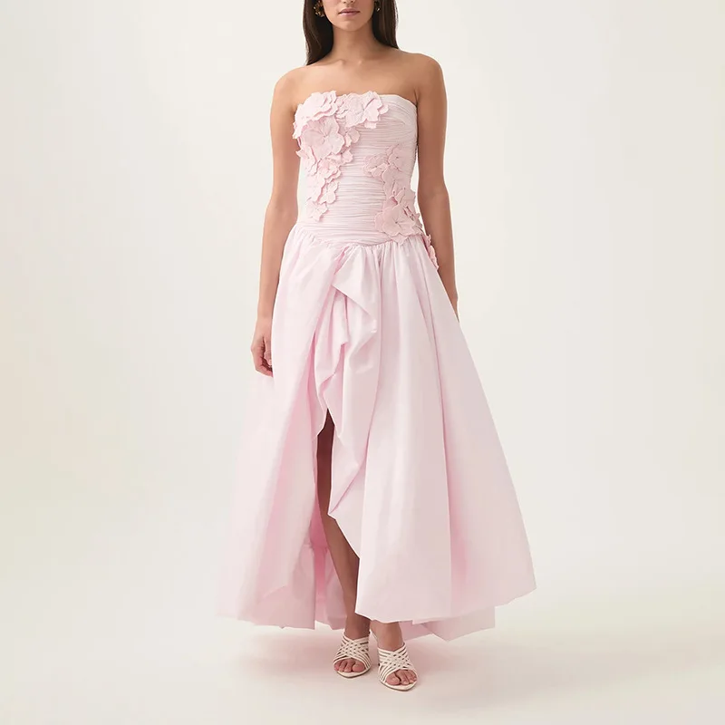 

Style Fashion Split Dress 2025 New Three-Dimensional Flower Patchwork Design Off-Shoulder Long Dress Summer