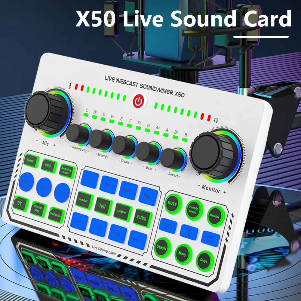 For X50 Sound Card RGB Wireless Bluetooth External DJ Mixer Sound Card 16 Effects Sound Mixer for Live Streaming Broadcasting