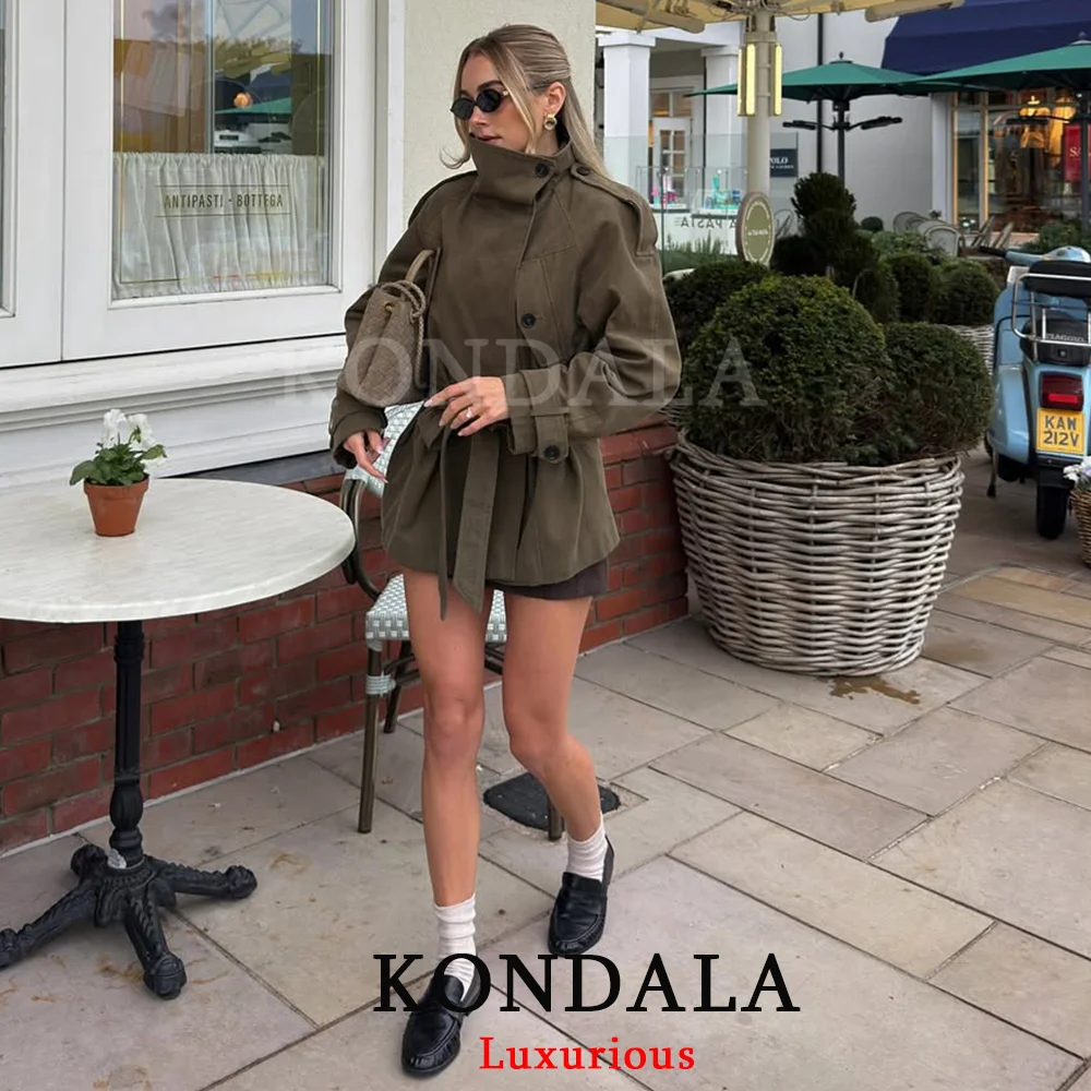 

KONDALA повседневные армейские зеленые свободные плащи женские с длинными рукавами и карманами с поясом длинные пальто мода 2025 осень-зима верхняя одежда