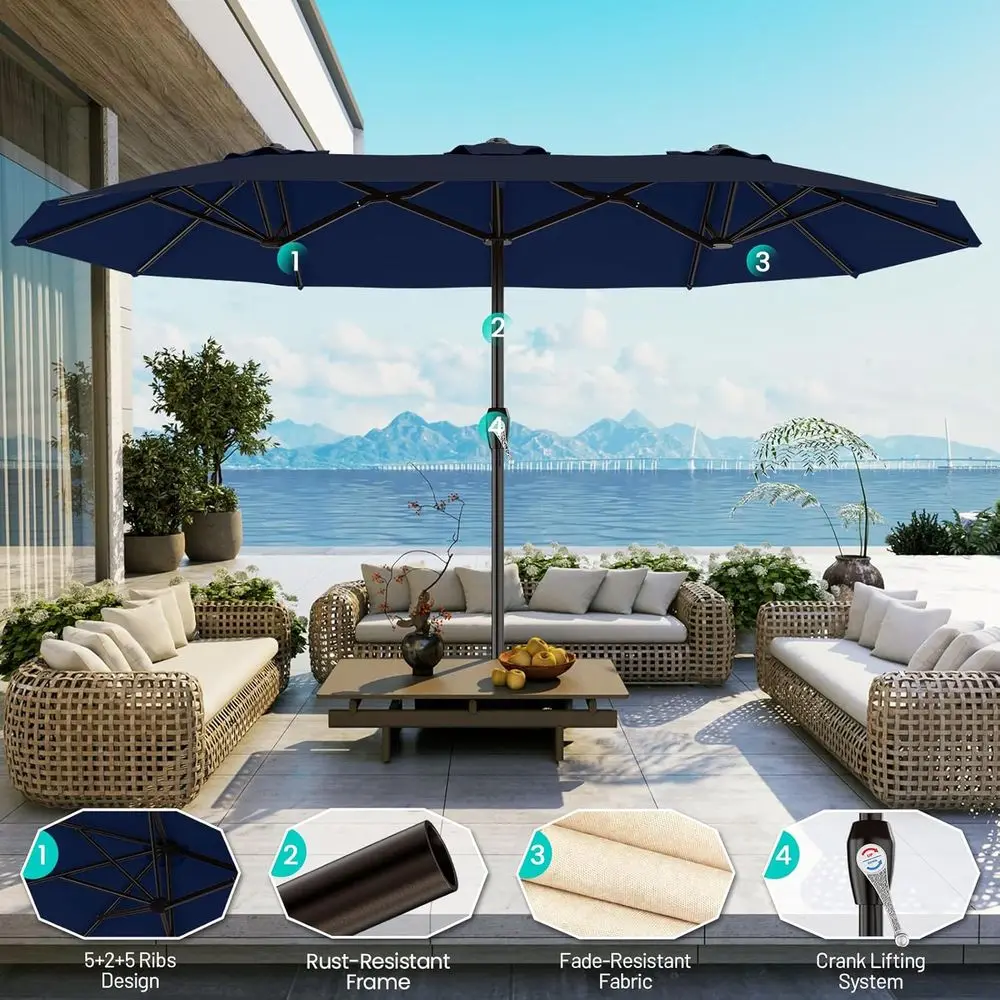 15ft Large Outdoor Patio Umbrella with Crank, Navy, Perfect for Garden, Lawn, Pool, Backyard