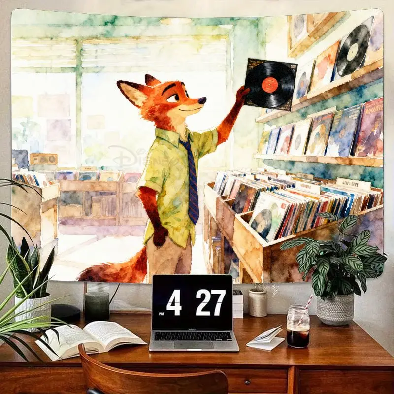 

1 шт. гобелен Zootopia Nick Wilde Fox, акварельный магазин записей, музыкальное настенное искусство, эстетический декор для гостиной, общежития, спальни, подарок для