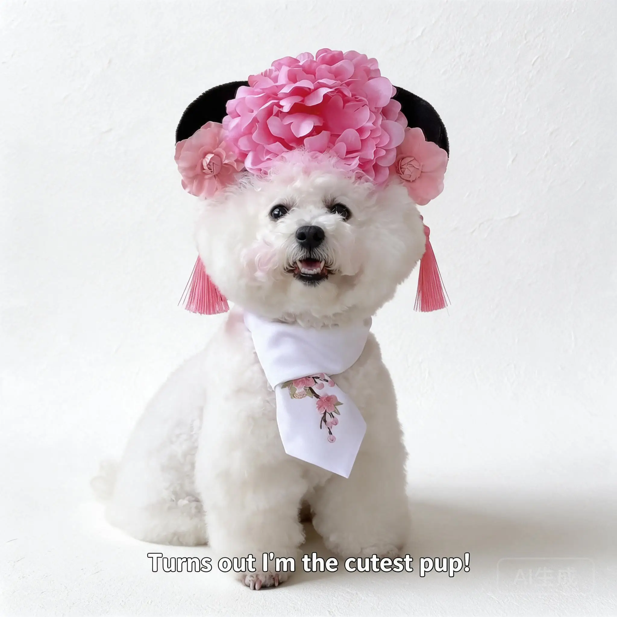 Cute Chinese Ancient Style Princess Pet Headdress Pink Flower Tassel Hat With Embroidered Scarf For Small Medium Dogs Sizes M L