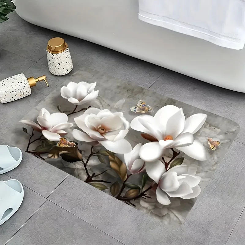 1PC Soft bathroom mat with white floral pattern, non-slip bathroom mat made of flannel material washable mat, door mat, foot mat