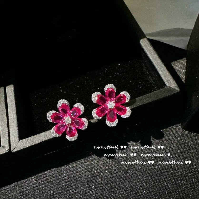 Women\'s New Fashion Jewelry Sterling 925 Silver Delicate Red Zircon Flower Pendant Necklace Earrings Ring Bracelet Set for Women