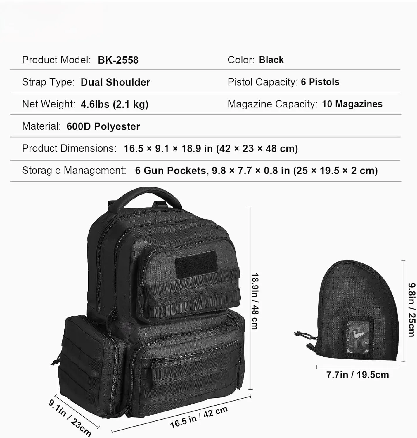 Mochila de rango táctico para 6 pistolas, mochila para armas con 6 bolsas de pistola independientes y 10 revistas para tiro de caza al aire libre