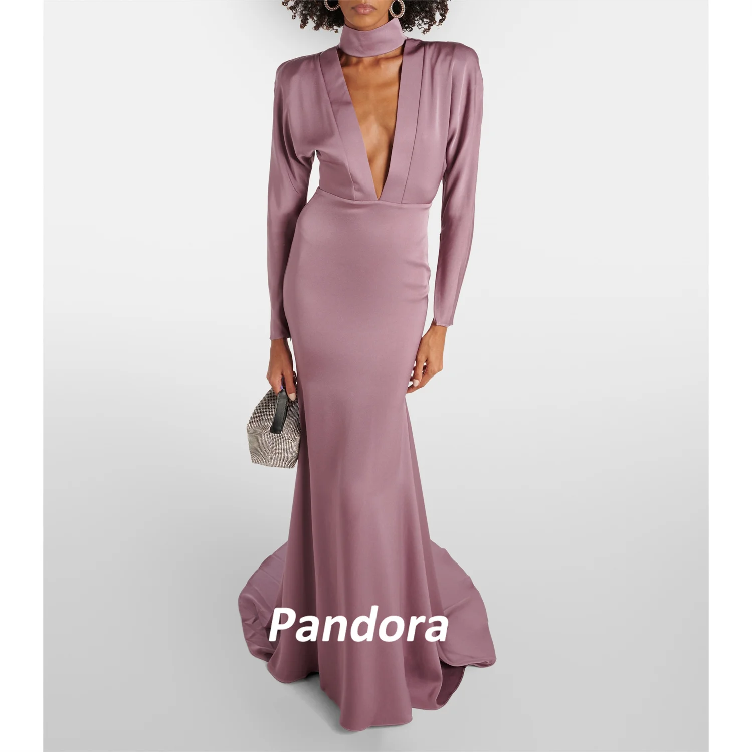 Pandora-vestido de fiesta largo hasta el suelo para mujer, prenda plisada de manga larga con cuello alto de sirena, elegante, para verano, 2024