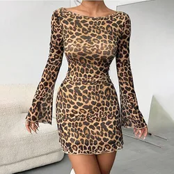 Sexy Leopard Print Mesh Mini Dress Women 2025 Backless Flared Sleeves Party Short Dresses New Female Clothing