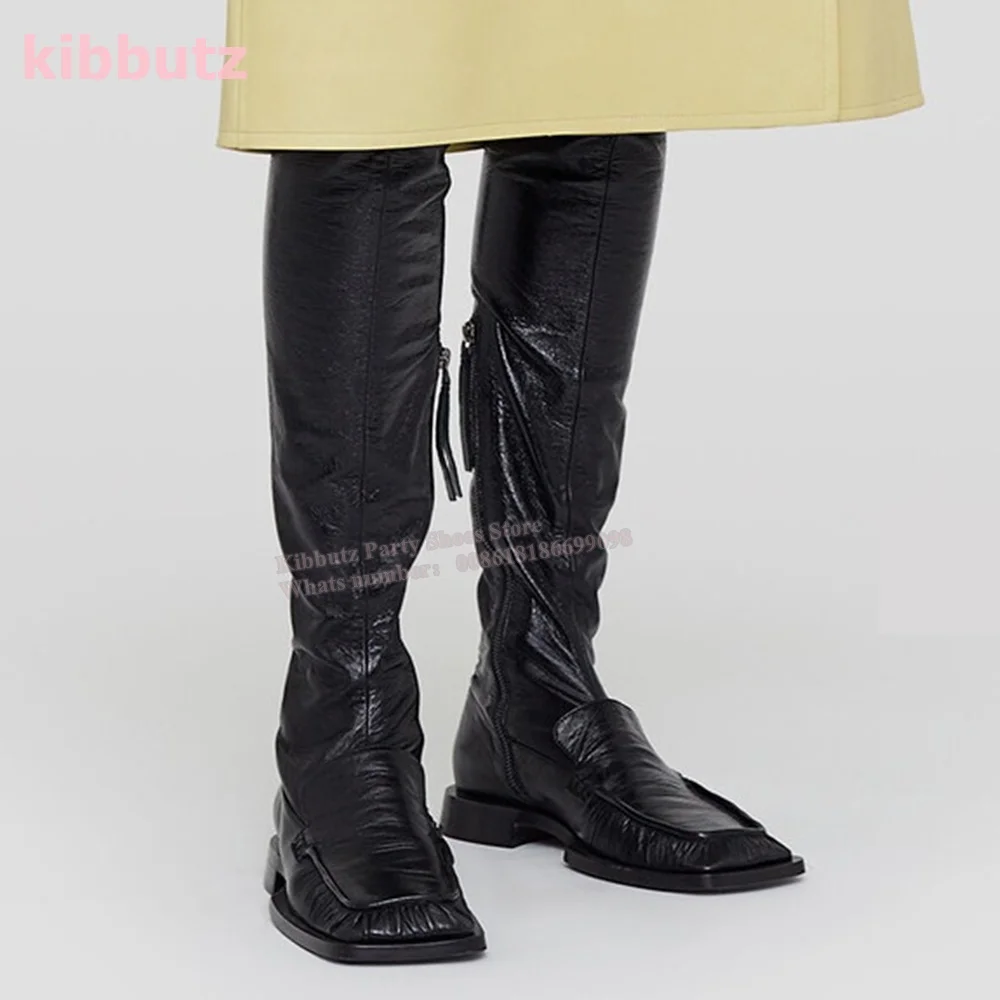 Gold Boots Over The Knee High Patent Leather Side Zipper Solid Color Fashion Luxury Elegant Women Shoes Square Toe Chunky Heel