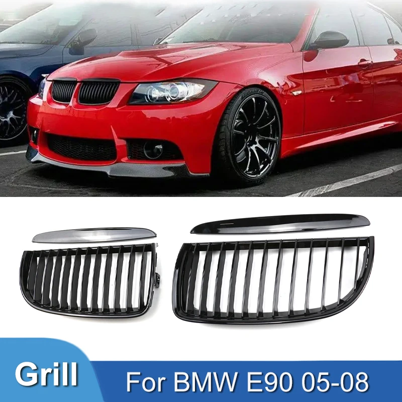 Pulleco For BMW 3 Series E90 E91 323I 328I 335I 330I 325I Car Front Grille Racing Grill  Single  2005-2008 Gloss Black Grille