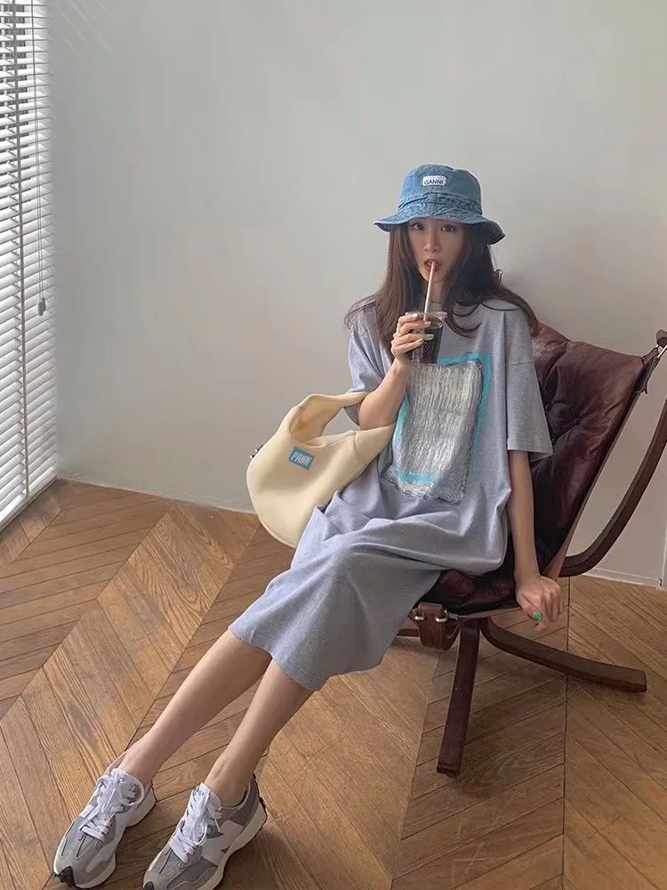 ฤดูร้อนสบายๆเกาหลีแฟชั่นการพิมพ์ Oversize หลวมยาว T เสื้อรอบคอแขนสั้นชุดผู้หญิง Vestido