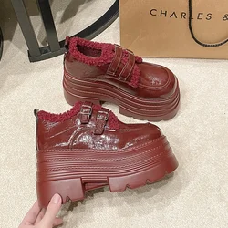 Women's Leather Platform Sneakers Autumn Winter Warm Plush Buckle Snow Shoes Thick Sole 10CM Heels Cotton Shoes Zapatos Mujer