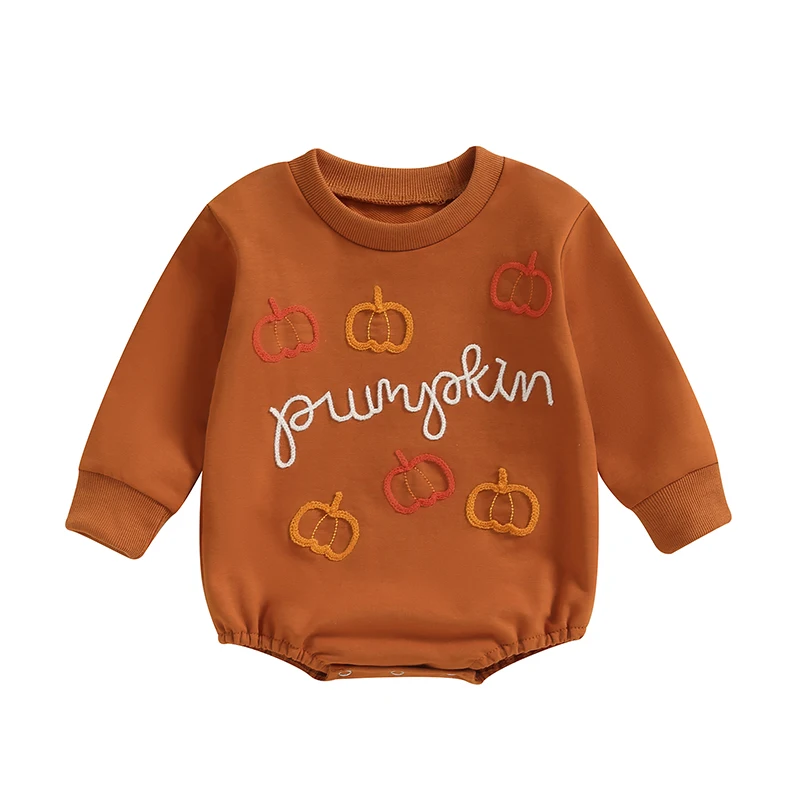 Baby Halloween Fall Romper Witch Pumpkin Letter Embroidered Long Sleeve Round Neck Jumpsuits