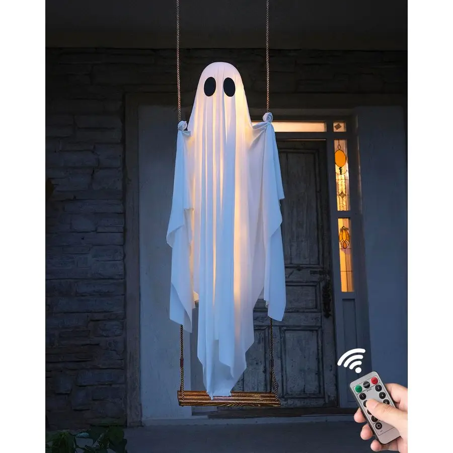 

Halloween Decorations Outdoor 5 FT Large Hanging Swing Ghost Halloween Decor with String Lights, Spooky Cute Ghosts Decorations