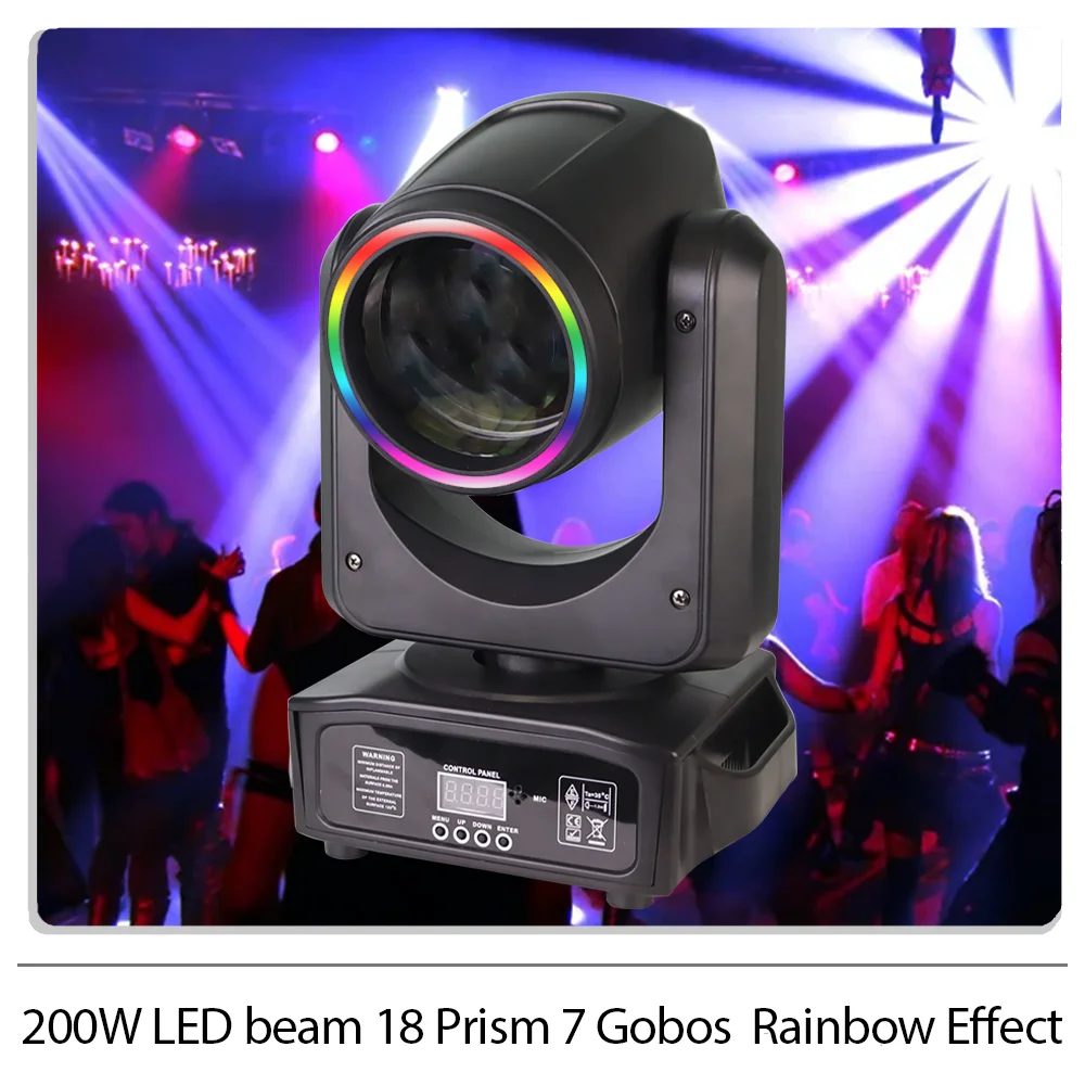 

LED 200W Beam Moving Head Light with ring 18 Prisms 7 Gobos Rainbow Effect DMX512 control for DJ Disco Party club bar