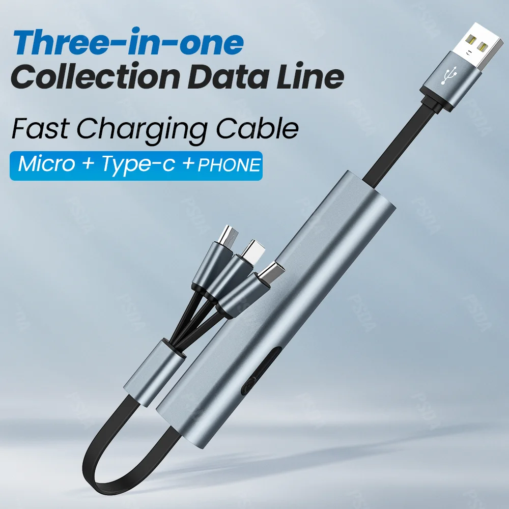 EONLINE 3D UV 3IN1 Fast Charging USB Cable for Phone Samsung Huawei Hidden Multi Retractable Micro USB C Charger Cable