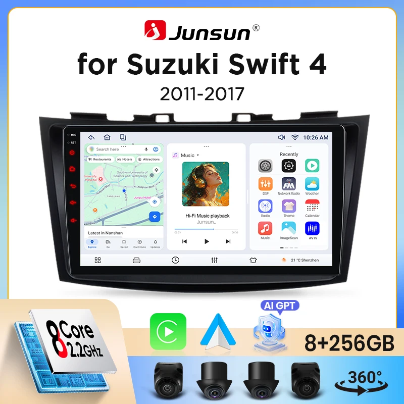 Autoradio Junsun sans fil CarPlay Android Auto pour Suzuki Swift Mk3 (AZ) 2010-2017 avec ventilateur de refroidissement intégré, navigation GPS Android, lecteur multimédia, WiFi, DSP, RDS, BT, SWC,