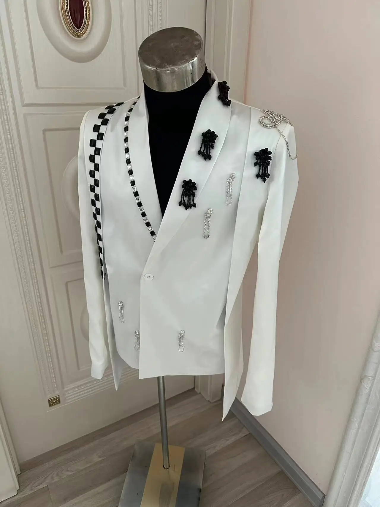 Handmade personality Men and women white Pearls Suits Stage show Chorus Leading Performance clothing set