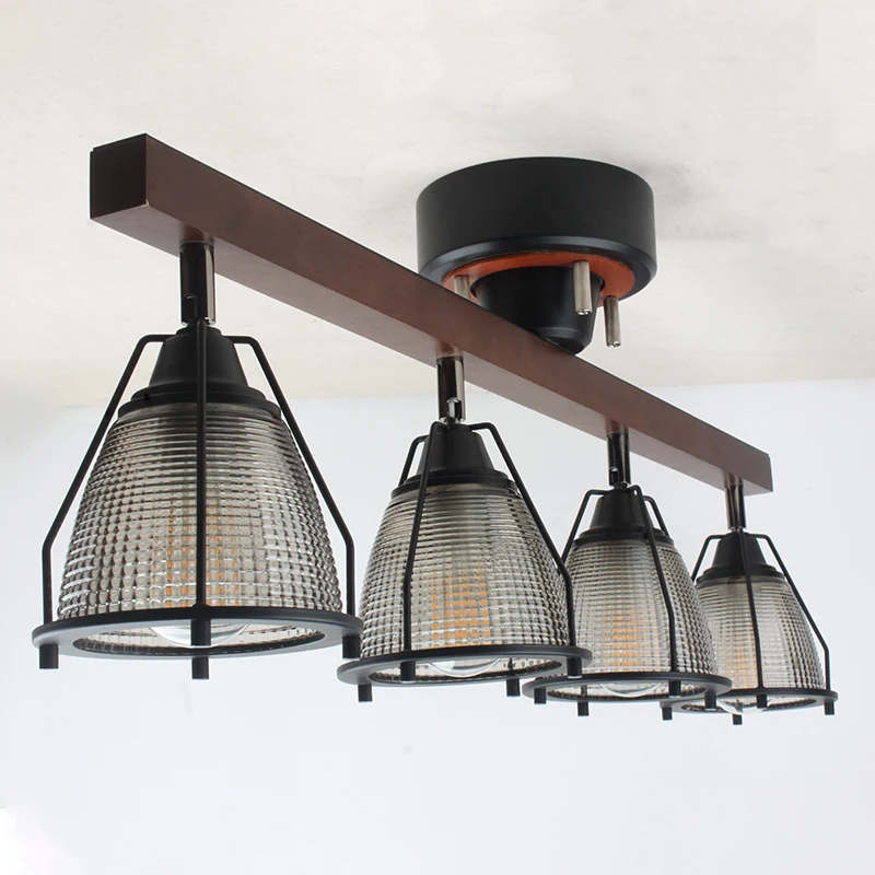 Industrial retro round solid wood glass 4-head ceiling light, dining room, living room, caf é light