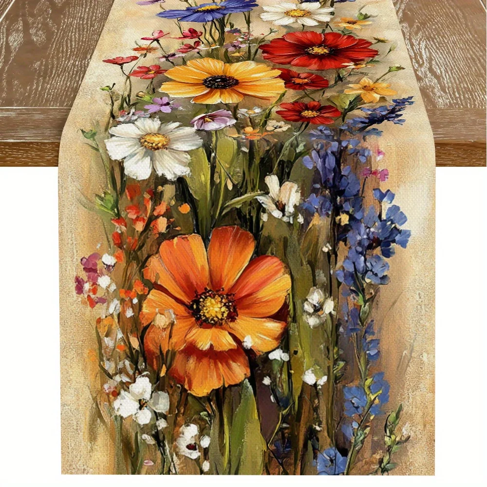 Fresh Colorful Bouquet Floral Table Runner - Vibrant Spring Summer Botanical Cover for Living Room Coffee Table Dining Decor