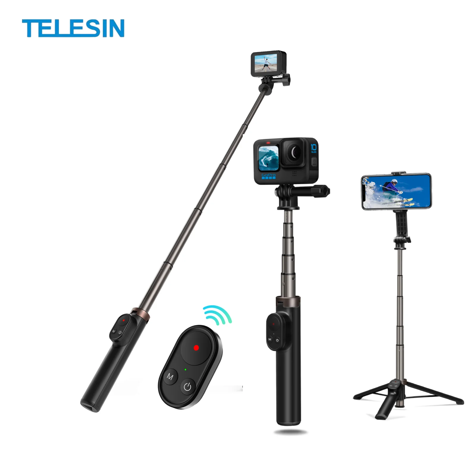 TELESIN Selfie Stick Tripod with Remote Control for Gopro Hero 13 12 11 10 9 Cellphone for Vlogging Action Camera Accessories