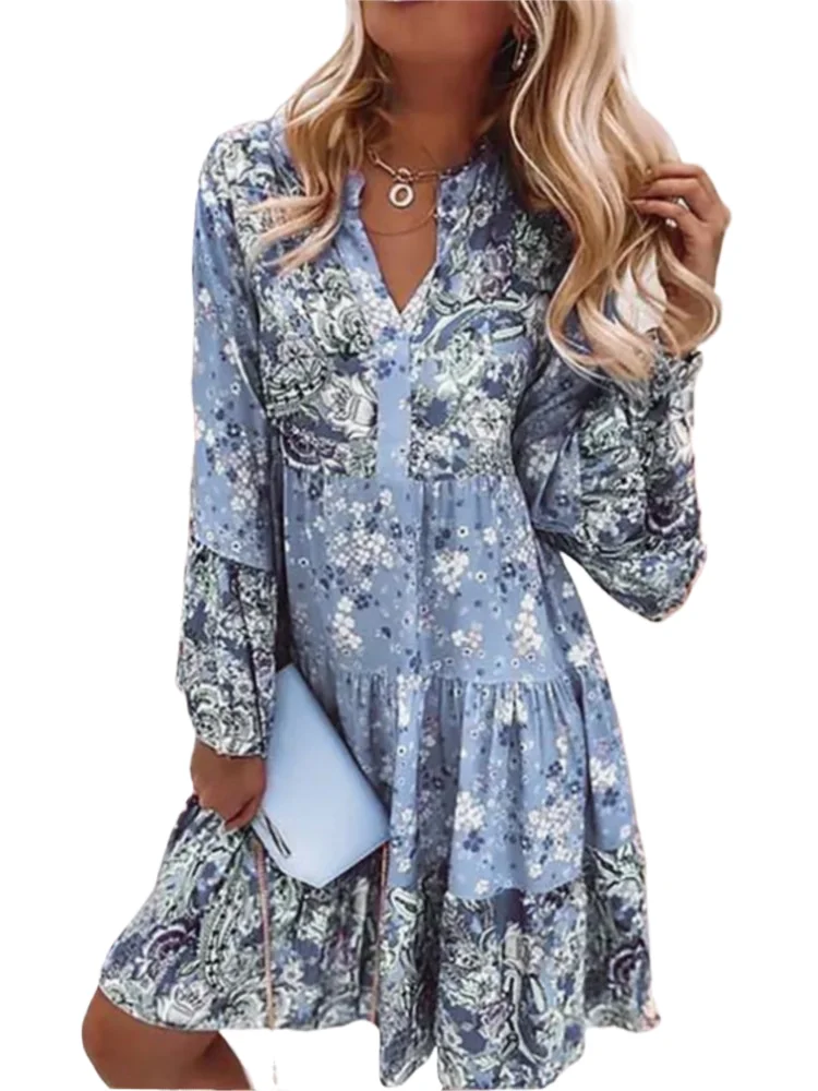 

Fashion Floral Print Dress Lady Casual Long Sleeve V Neck Loose Pullover Dresses For Women Holiday Beach Womens Clothing Summer