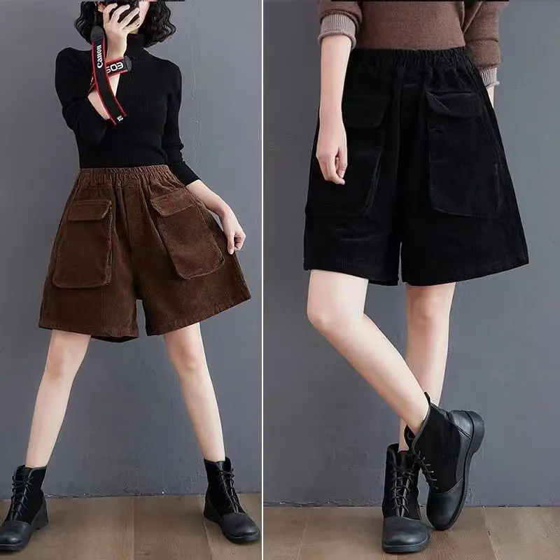 2024 New Autumn High Waist Wide Leg Shorts Winter Wear Boots Shorts Women Winter Thick Elastic Waist Shorts Women's T536