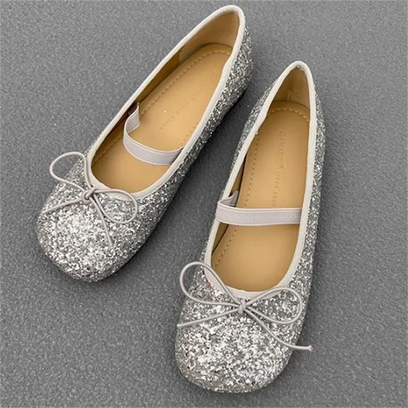 Sequin Shoes For Ladies Square Toe Flat Heels Female Ballet Butterfly-knot Mary Janes Shallow Chassure Femme Bling Zapatos Mujer