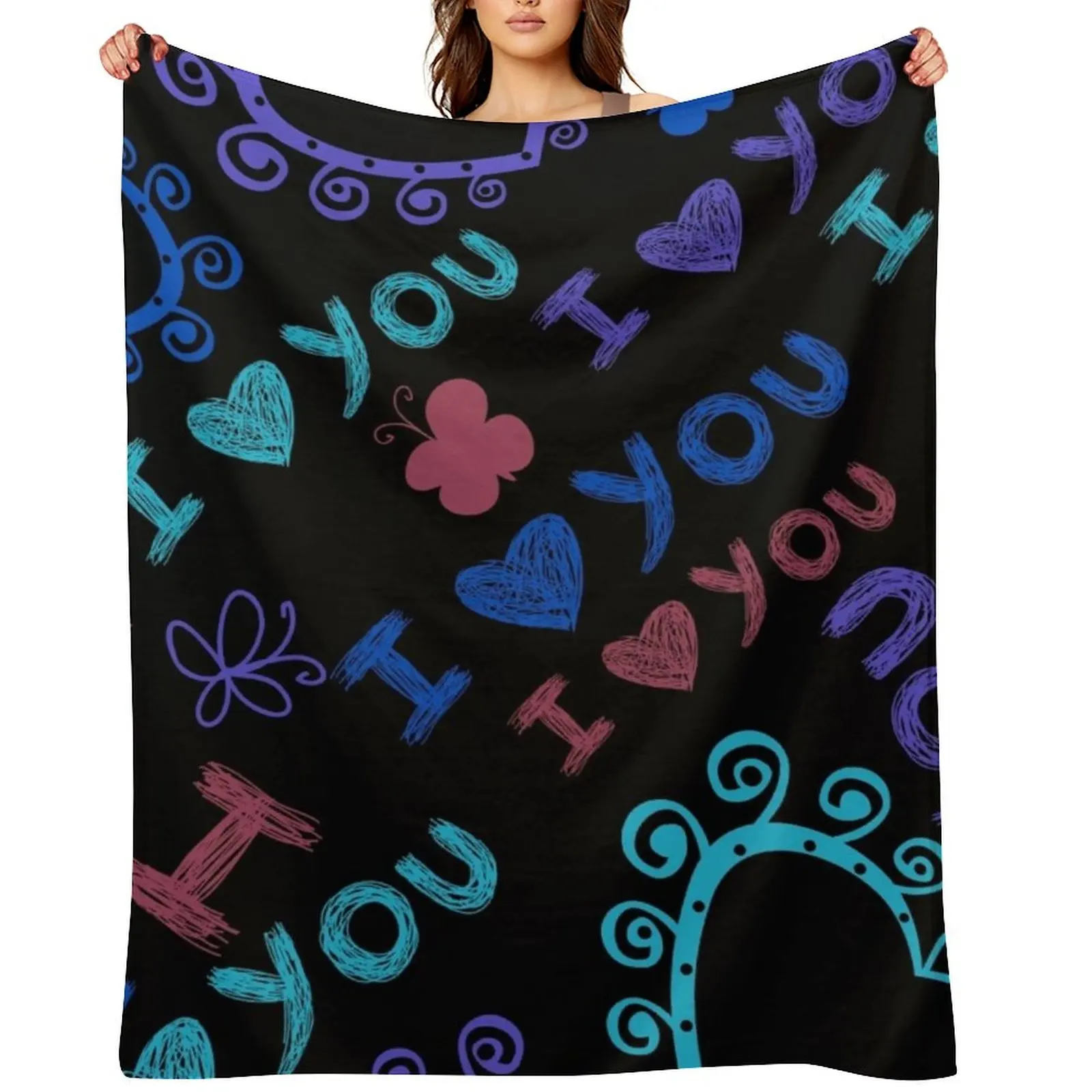 

I love you and purple and blue hearts on a black background Throw Blanket Polar Retros Luxury Brand Blankets