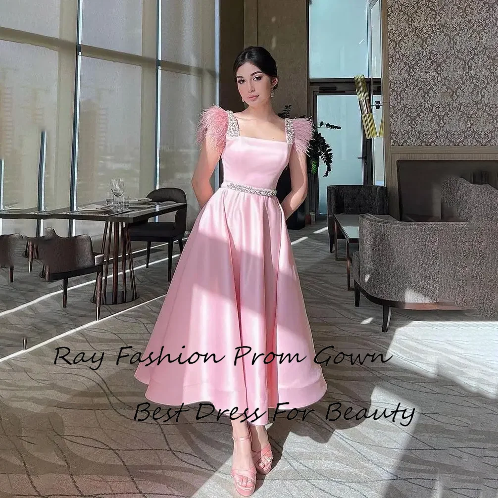 

Graceful A Line Prom Dress Satin Square Neck Straps Sleeveless With Crystal Tea Length Customize Платье для бала For Women