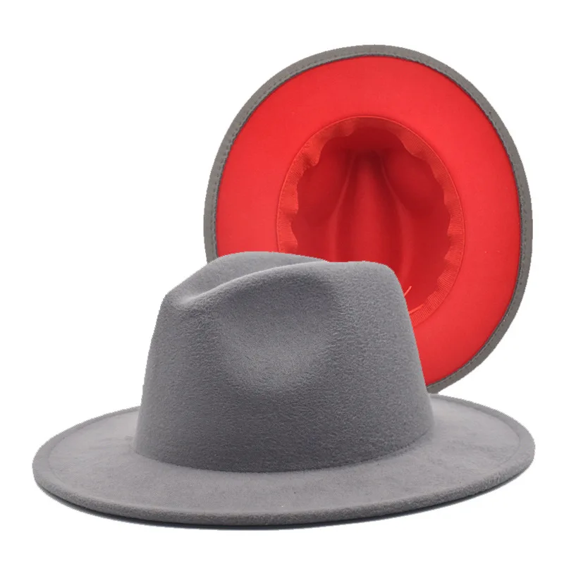 Trend Tan With Red Bottom Patchwork Plain Wool Felt Jazz Fedora Hats Men Women Wide Brim Panama  Cowboy Cap For Party